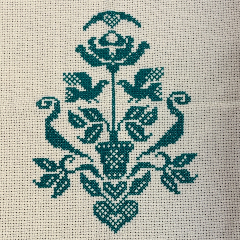 Elegant Teal Bird Floral Cross Stitch Completed Art piece